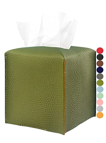 Green Tissue Box Cover Square – with Bottom Belt [JESMINI, ] PU Leather Green Tissue Box Holder Decorative for Bathroom Vanity Countertop/Night Stands/Office Desk, 5x5x5 - color: Green