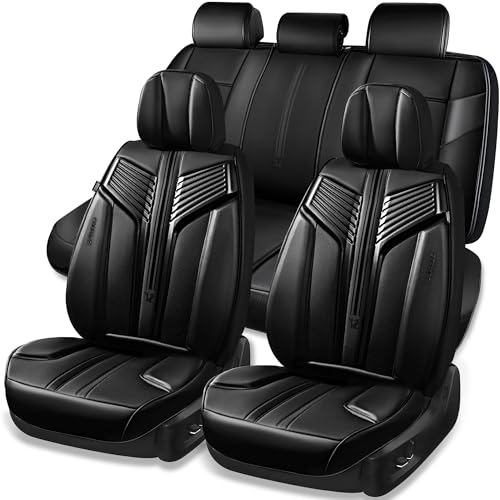 CAR PASS Nappa Leather Seat Covers, Breathable Waterproof Car Seat Covers Full Set, Luxury 3D Sponge Support Full Coverage Seat Protector, Universal Fit SUV Pick-up Truck Sedan Automotive(All Black) - color: All Black, size: Full Set Full Coverage