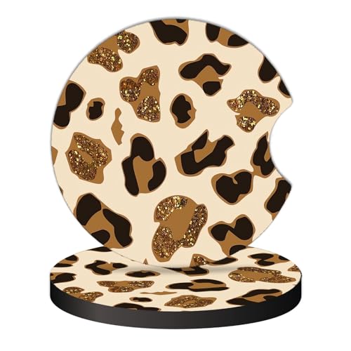 2 Pcs Car Cup Coasters, Golden Leopard Print Universal Non-Slip Rubber Car Coasters for Cup Holders 2.75 inch, Car Interior Accessories for Women - color: Golden Leopard Print