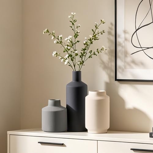 Ceramic Vase Set of 3, Modern Decorative Vases for Home Decor, Small Flower Pottery Vase Sets, Boho Farmhouse Rustic Vases for Living Room, Kitchen, Bedroom, Bathroom, Shelf, Table