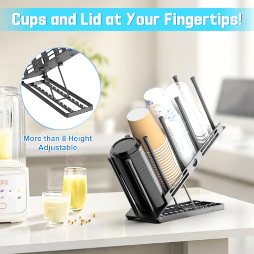 Adjustable Coffee Cup and Lid Holder,4 Compartment Metal Countertop Disposable Cup Dispenser Organizer for Coffee Bar Station Home Office Breakroom(Black)
