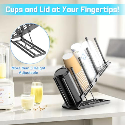 Adjustable Coffee Cup and Lid Holder,4 Compartment Metal Countertop Disposable Cup Dispenser Organizer for Coffee Bar Station Home Office Breakroom(Black)