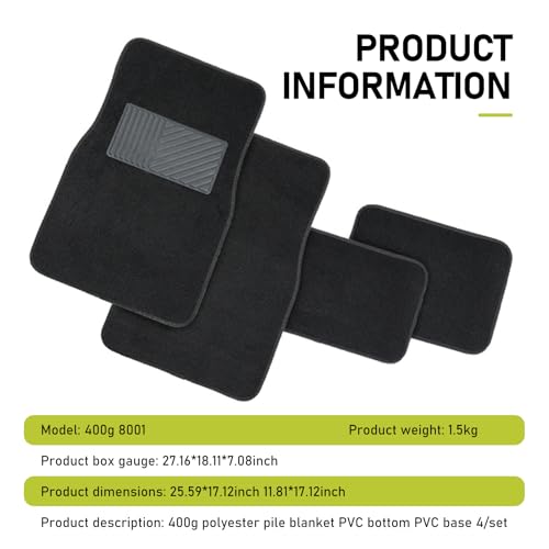 4 PCS Car Carpet Floor Mats, 25.59In x 17.12In, 11.81In x 17.12In, Anti-Slip Durable Vehicle Protective Mat, Universal All-encompassing Floor Pads for Most Cars SUVs (Black)