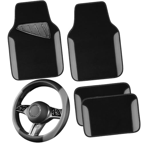 CAR PASS Faux Leather Steering Wheel Cover and Waterproof Car Floor Mats,Universal Car Combo Fit for 95% Sedan,SUV,Cars,14.5-15inch Sporty Anti-Slip Safety Comfortable Design(Black＆Gray) - color: Black Gray