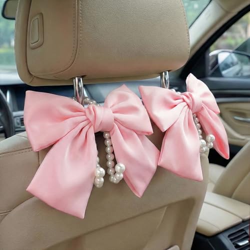 2PCS Satin Bow Pearl Car Seat Headrest Hooks – Car Bag Holder & Vehicle Hanger for Purses – Cute Coquette Aesthetic Interior Decoration – Cute Auto Organizer Accessories Universal for SUV, Truck(Pink) - color: Pink
