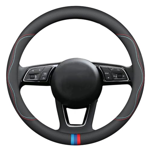 HAOTULE New Nappa Leather car Steering Wheel Cover, Universal 15 inch Black - color: Black(red and Blue Signs)