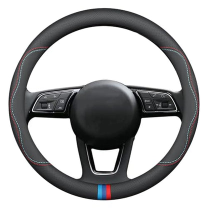 HAOTULE New Nappa Leather car Steering Wheel Cover, Universal 15 inch Black - color: Black(red and Blue Signs)
