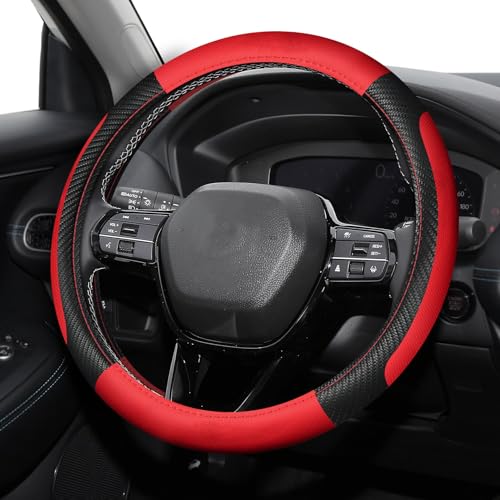 Leather Car Steering Wheel Cover, Universal 15 inch Microfiber Leather Steering Wheel Cover, Anti-Slip Breathable Steering Wheel Decoration, Steering Wheel Accessories for Women Men - color: Black Red
