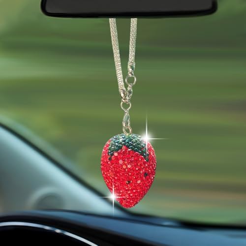 Bling Strawberry Rear View Mirror Accessories, Cute Car Accessories for Women, Sparkling Strawberry with Embedded Rhinestones Car Decorations Rearview Mirror Charms - color: Red