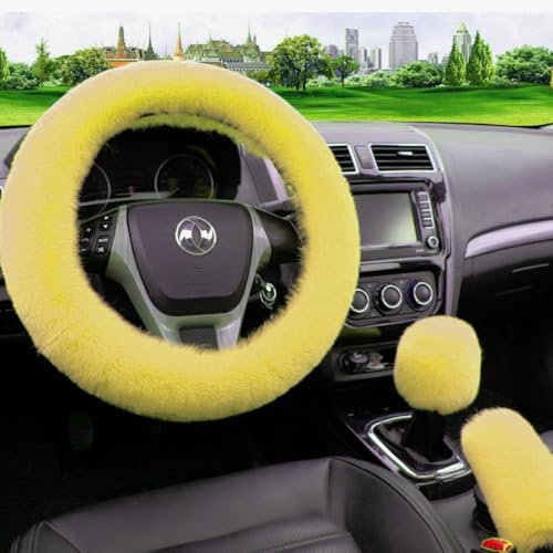 Pinbola 5pcs in 1 Set Faux Wool Steering Wheel Cover Soft Fluffy Handbrake Cover & Gear Shift Cover & 2pcs Seat Belt Shoulder Pads Warm Universal Fit for 15 Inch (Yellow) - color: Yellow