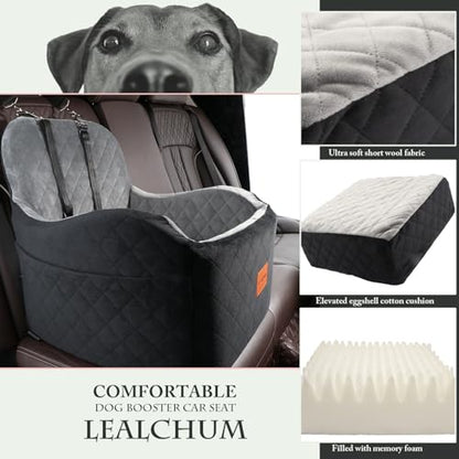 Lealchum Dog Booster Car Seat for Small/Medium Dogs,6in Memory Foam Elevated Cushion,Fully Detachable and Washable,2 Clip-On Safety Leashes,Anti-Slip Base(Black/Grey,Medium) - color: Black/Grey