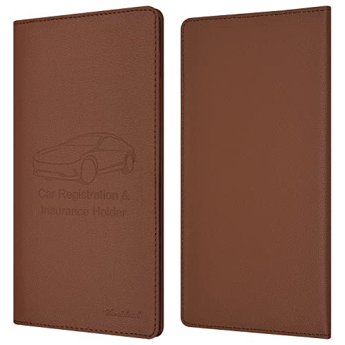 Car Insurance and Registration Holder, 9.5 x 5 Inch PU Leather Vehicle Glove Box Organizer Wallet Case for Insurance Card, Driver License, Paperwork - Brown - color: Brown