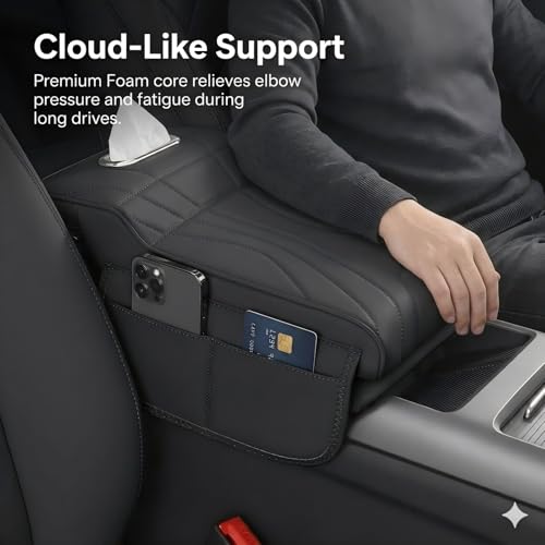 Car Center Console Cover with Tissue Box Holder, Foam Armrest Cover for Car with Side Storage Pockets, Multifunctional Waterproof PVC Leather Car Armrest Cushion Pad, Universal Fit, Black - color: Black-2
