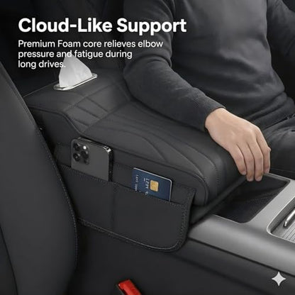 Car Center Console Cover with Tissue Box Holder, Foam Armrest Cover for Car with Side Storage Pockets, Multifunctional Waterproof PVC Leather Car Armrest Cushion Pad, Universal Fit, Black - color: Black-2
