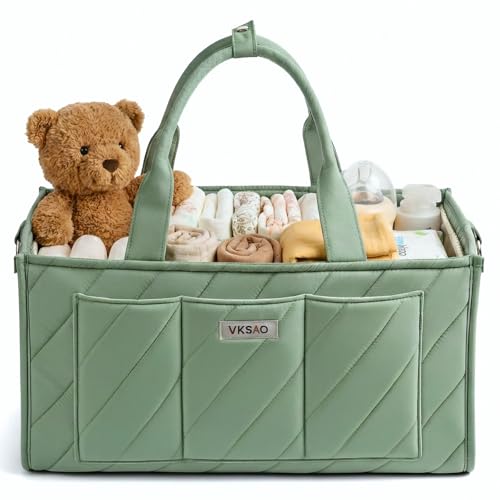 Baby Essentials Diaper Caddy Organizer – Portable Storage Basket with Shoulder Strap & Stroller Hooks, Splashproof Quilted Nursery & Car Tote, Gender Neutral Gifts for Baby Shower, Sage Green