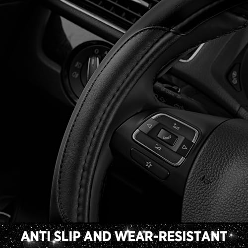 Road Comforts Leather Steering Wheel Cover - Made with PVC Leather - Anti-Slip, Universal Fit 14 1/2 inches to 15 inches - Black - color: Black