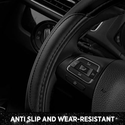 Road Comforts Leather Steering Wheel Cover - Made with PVC Leather - Anti-Slip, Universal Fit 14 1/2 inches to 15 inches - Black - color: Black