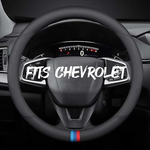 Leather Car Steering Wheel Cover, Tricolor Sporty Style, Breathable Laser-Perforated, Pure Black Double Lines, 14.5-15 Inch for Chevrolet - color: Three-color mark - pure black, size: For Chevy