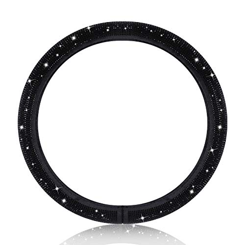 Women Fashion Black Velvet Bling Steering Wheel Cover with Black Diamonds, 15 inch Standard Glitter Rhinestone Car Wheel Cover Sparkling, Full Covered