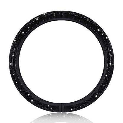Women Fashion Black Velvet Bling Steering Wheel Cover with Black Diamonds, 15 inch Standard Glitter Rhinestone Car Wheel Cover Sparkling, Full Covered