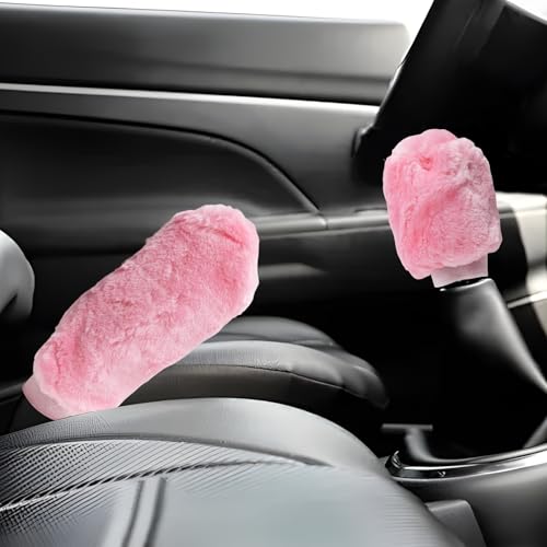 Sun Walker Fluffy Car Gear Shift Knob & Handbrake Cover, Furry Auto Hand Brake Handle & Shifter Stick Protective Cover, Soft Plush Decorative Protector Interior Accessories for Vehicles (Pink) - color: Pink