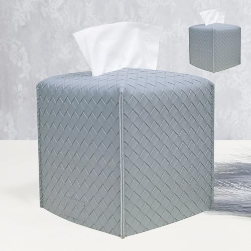 HOMOTEK 2 Pack Tissue Box Cover,PU Leather Tissue Holder,Square Decorative Facial Tissue Cube Paper Organizer Dispenser for Bathroom, Night Stands, Desk, Car 5X5X5'' - Woven Waffle,Light Gray - color: Light Gray, size: Woven Waffle