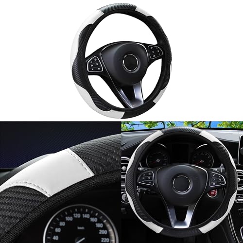 Car Steering Wheel Cover, 15 inch Carbon Fiber Microfiber Anti-Slip Breathable PU Leather Elastic Steering Wheel Protector, Car Interior Accessories for Most Cars (White) - color: White
