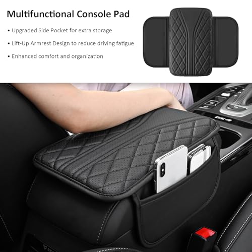 Car Center Console Cover with Storage Bags, Leather Armrest Pad Protector for SUV, Sedan, Truck Interior Accessories (Black)