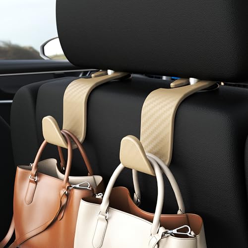 4-Pack Car Headrest Hooks Vehicle Storage Organizer for Purses Handbags Groceries Coats – Heavy Duty 360° Rotating Simple Design Checkered Beige - color: L-Beige Checkered