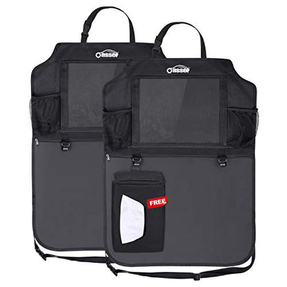 Oasser Seat Back Protector Kick Mats 12.9" I pad Holder 2 Pack XL with 1 Tissue Box Car Seat Organizer Back of Seat Protector Clear 2 Large Car Organizers and Storage