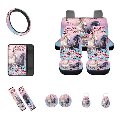 12 Pcs Pink Cherry Blossom Horse Car Seat Covers Full Set,Car Protectors,Universal Fit Front Back Seat Cushion/Seatbelt/Steering Wheel Cover/Anti Slip Coaster/Keychains for Cars SUV Truck