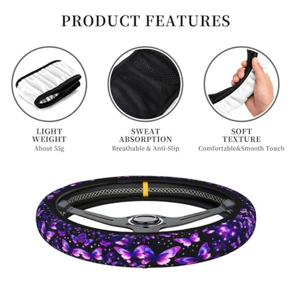Purple Butterfly Steering Wheel Cover - Purple Butterfly Steering Wheel Protector for 15inch Car Accessories 2 Pcs Car Coasters Neoprene Women Men - color: Purple Butterfly