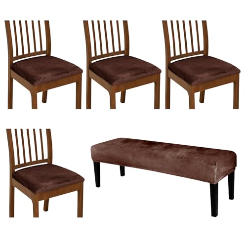 KRFOONN Velvet Chair Seat Covers for Dining Room Chairs Set of 4 with Bench Cover Washable Removable Kitchen Chair Seat Slipcovers Upholstered Bench Slipcover Seat Protector for Dining Room, A26 - color: Color A26