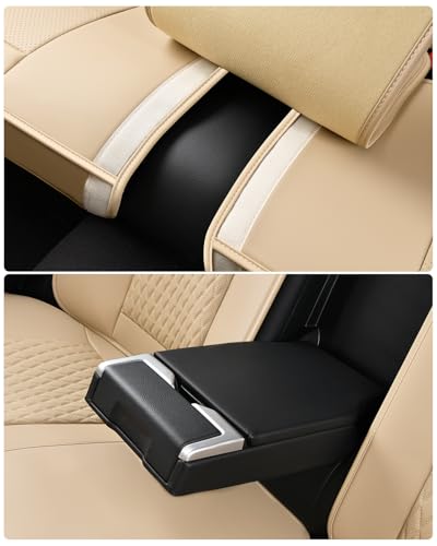 Huidasource Beige Back Seat Covers, Luxury Nappa Leather Rear Seat Cover with Velcro Adjustable, Child Seats, Ventilation Holes, Seat Belts, Car Back Seat Cover Fit for Most Cars SUV Trucks, Beige - color: R# Beige, size: Rear