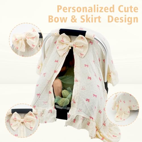 Baby Car Seat Cover for Girls,100% Muslin Cotton Breathable Infant Car Seat Canopy with Cute Bow & Elegant Ruffle, 360° Privacy Nursing Cover, Stroller Cover Protection from Sunlight Dust - color: Bow