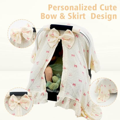 Baby Car Seat Cover for Girls,100% Muslin Cotton Breathable Infant Car Seat Canopy with Cute Bow & Elegant Ruffle, 360° Privacy Nursing Cover, Stroller Cover Protection from Sunlight Dust - color: Bow