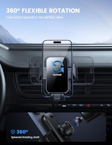 Lamicall 2026 Wider Clamp & Metal Hook Car Phone Holder Vent [Thick Cases Friendly] Phone Holders for Your Car Mount Automobile Hands Free Cradle Air Vent for iPhone 17 16 15 Pro Max Lucite Black