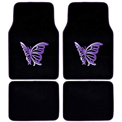 BDK Purple White Butterfly Design Carpet Car Floor Mats for Auto Van Truck SUV-4 Pieces Front & Rear Full Set with Rubber Backing-Universal Fit (MT-509-PP) - color: Purple White Butterfly