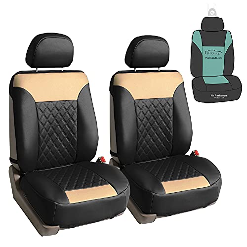FH Group Deluxe Faux Leather Diamond Pattern Front Set Car Seat Cushions with Gift - Universal Fit for Cars, Trucks, & SUVs PU089102 (Beige) - color: Beige / Black