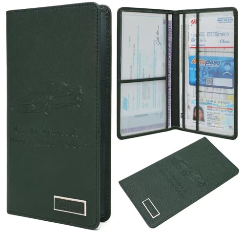 Premium Car Registration & Insurance Card Holder with Magnetic Closure & Clear Pockets, Glove Box Organizer for Documents, Driver's License (Green) - color: Dark Green