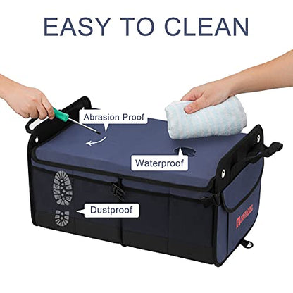 AUTOARK Multipurpose Car Trunk Organizer with Foldable Lid and Straps,Non-Slip Waterproof Bottom,Durable Collapsible Adjustable Compartments Cargo Storage,Navy Blue,AK-142