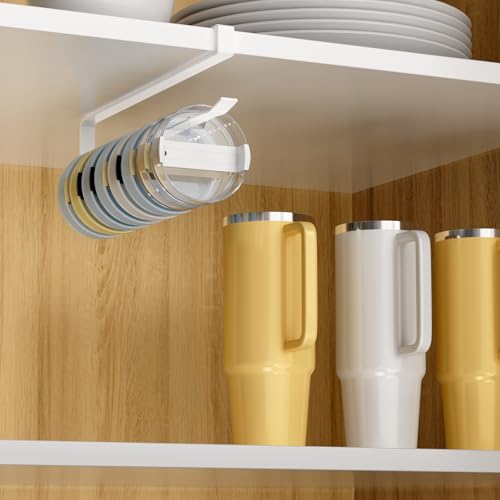 2 PCS Tumbler Lid Organizers, Ample Lid Capacity Up to 30 Lids, No Adhesive No Drill Yeti Lid Organizer Holder Inside Cabinet, Space-Saving Stanley Tumbler Cup Lid Holder Organizer for Kitchen - color: White