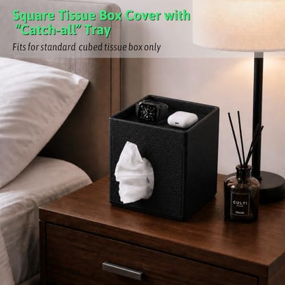 Tissue Box Cover, PU Leather Square Tissue Box Holder with Upper Storage Tray for Bathroom/Countertop/Nightstand/Office Table - Black