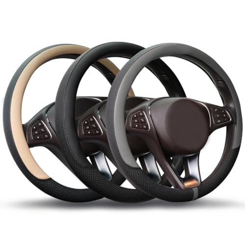 Breathable Steering Wheel Cover Microfiber Leather with Center Mark Design Universal Medium Size 14 1/2-15 Inch Gray and Black - color: Black and Gray Up, size: M (14.5"-15")