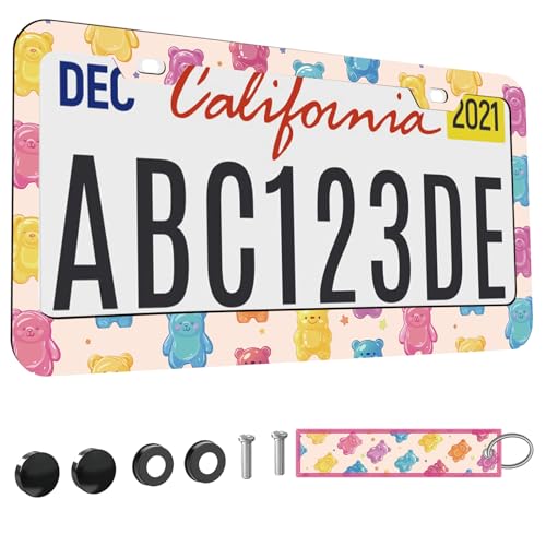 1pcs Colorful Gummy Bears License Plate Frame for Women,Hot Pink Yellow Blue Bears Pattern Car Decorative Tag Frames Girly, License Plate Cover Holder for Vehicle with Car Keychain Tag - color: for Gummy Bear, size: 1pcs