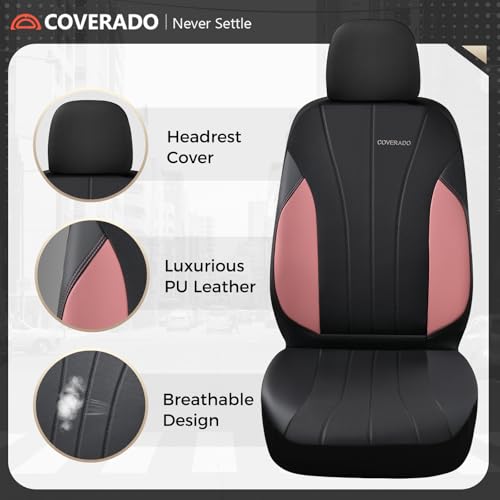 Coverado Automotive Car Seat Covers, Luxury Seat Covers Full Set, Leather Car Seat Protectors with Storage Bags, Pink Driver Seat Covers Universal Fit for SUVs Trucks Sedans - color: Pink&Black