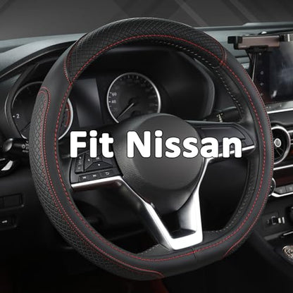 Customized Auto Car Steering Wheel Cover for Nissan,D Shaped Steering Wheel Cover for Rogue,Altima,Kicks (D-Shaped-Black+Red Line)