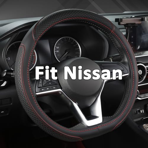 Customized Auto Car Steering Wheel Cover for Nissan,D Shaped Steering Wheel Cover for Rogue,Altima,Kicks (D-Shaped-Black+Red Line)