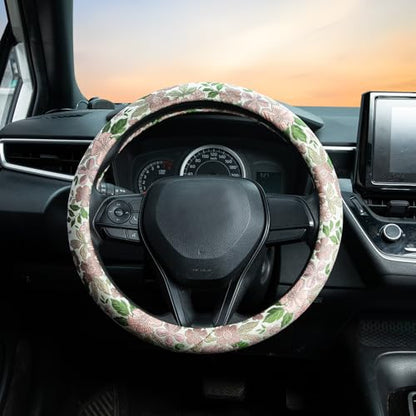 Retro Pink and Purple Flowers Steering Wheel Cover Auto Jacquard Steering Wheel Protector, Anti-Slip, Breathable, Absorbing Sweat, Universal Car Accessories 14.5–15 inch,Fit for Most Car, Trucks, SUV - style: Pink Cherry Blossom