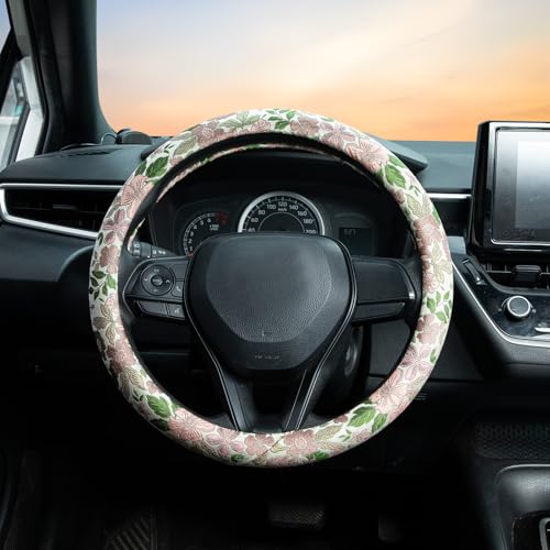 Retro Pink and Purple Flowers Steering Wheel Cover Auto Jacquard Steering Wheel Protector, Anti-Slip, Breathable, Absorbing Sweat, Universal Car Accessories 14.5–15 inch,Fit for Most Car, Trucks, SUV - style: Pink Cherry Blossom